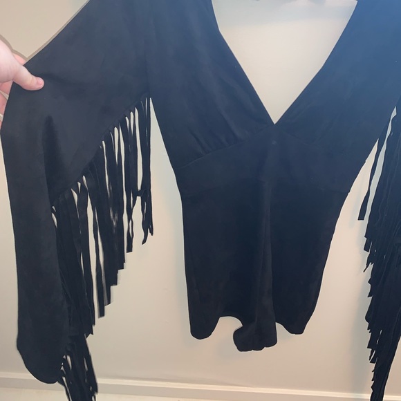Fringe arm suede short romper - Picture 2 of 4
